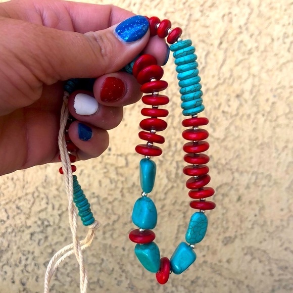 Boho Stabilized Turquoise And Coral Bead Twine Necklace - Picture 3 of 6
